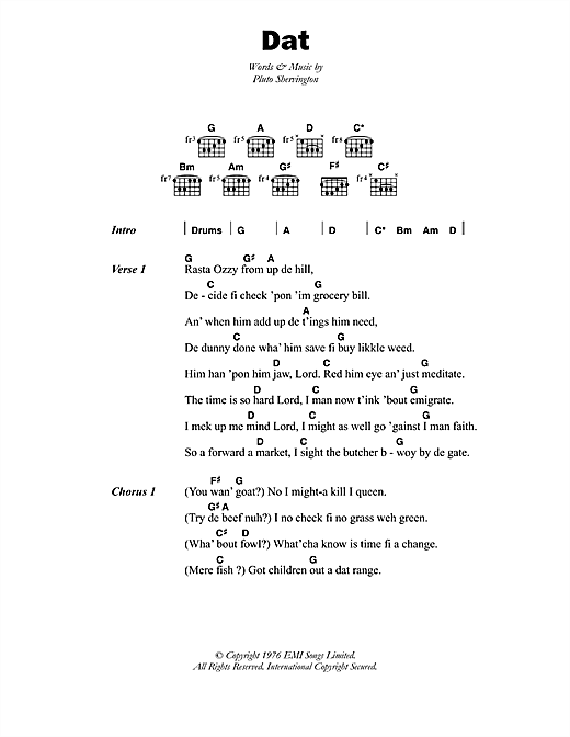 Dat (Guitar Chords/Lyrics) von Pluto Shervington