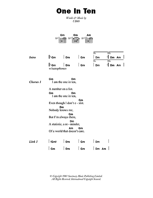 One In Ten (Guitar Chords/Lyrics) von UB40