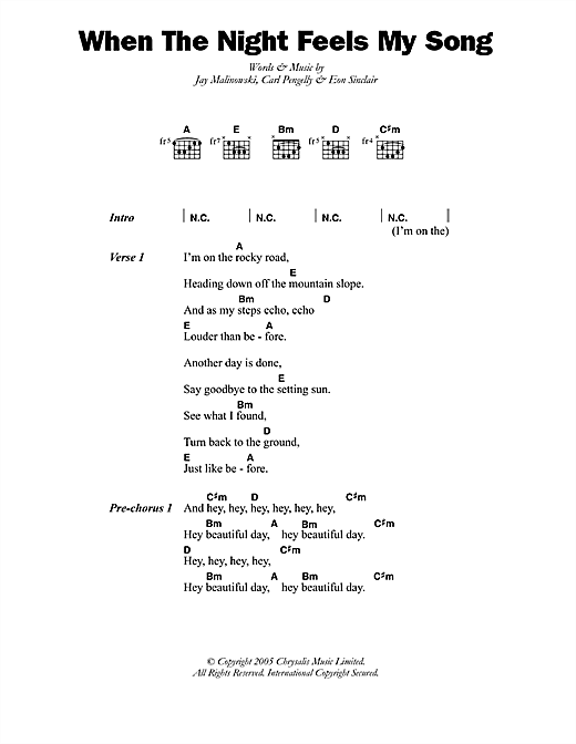 When The Night Feels My Song (Guitar Chords/Lyrics) von Bedouin Soundclash