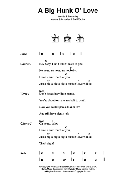 A Big Hunk O' Love (Guitar Chords/Lyrics) von Elvis Presley