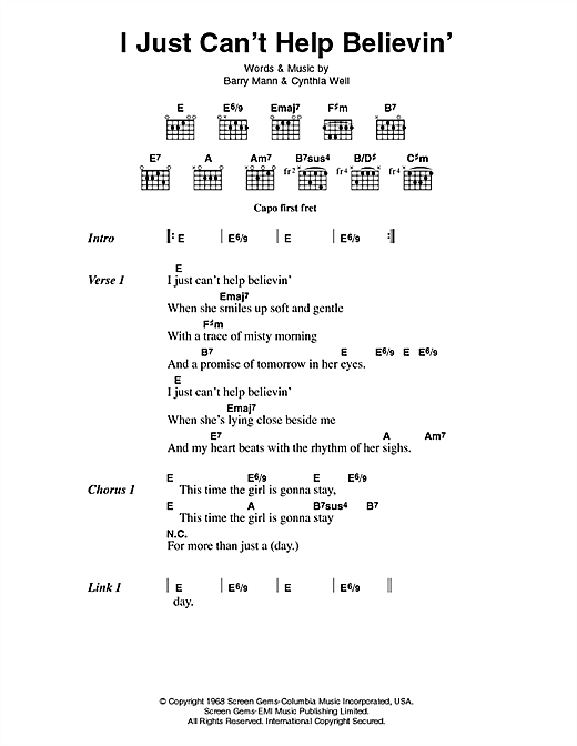 I Just Can't Help Believin' (Guitar Chords/Lyrics) von Elvis Presley