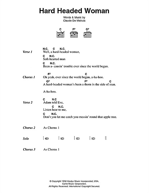 Hard Headed Woman (Guitar Chords/Lyrics) von Elvis Presley