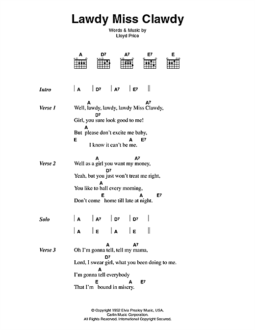 Lawdy Miss Clawdy (Guitar Chords/Lyrics) von Elvis Presley