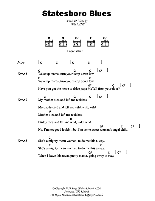 Statesboro Blues (Guitar Chords/Lyrics) von Blind Willie McTell