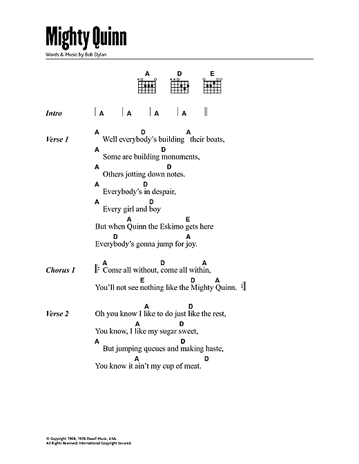 Quinn The Eskimo (The Mighty Quinn) (Guitar Chords/Lyrics) von Bob Dylan