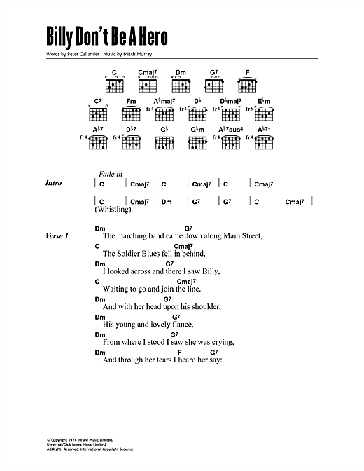 Billy, Don't Be A Hero (Guitar Chords/Lyrics) von Paper Lace