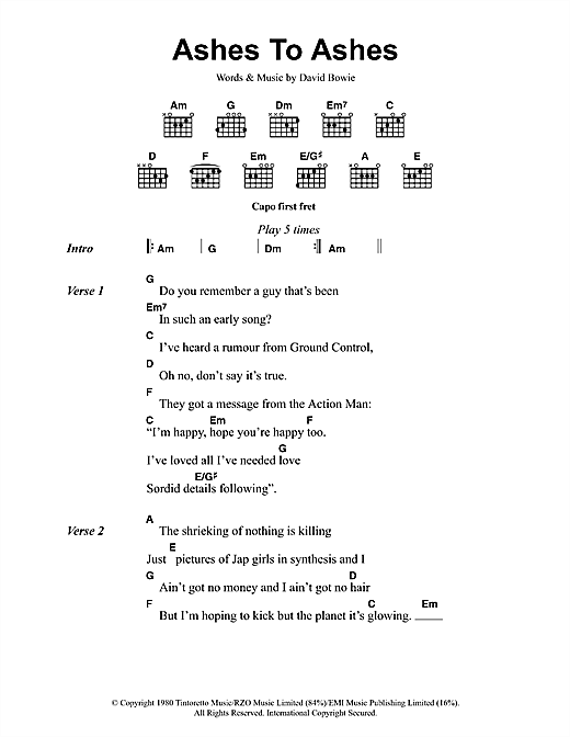 Ashes To Ashes (Guitar Chords/Lyrics) von David Bowie