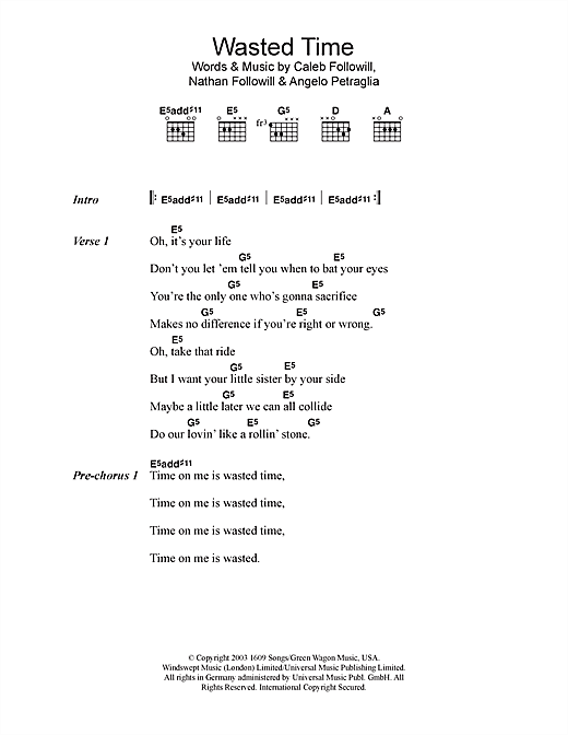 Wasted Time (Guitar Chords/Lyrics) von Kings Of Leon