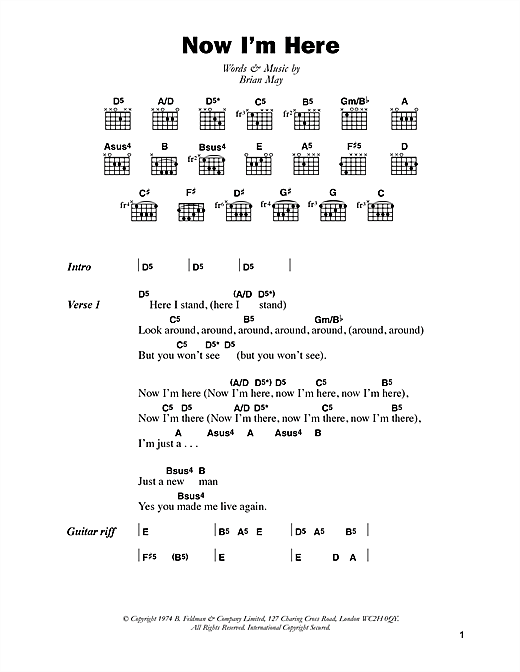 Now I'm Here (Guitar Chords/Lyrics) von Queen