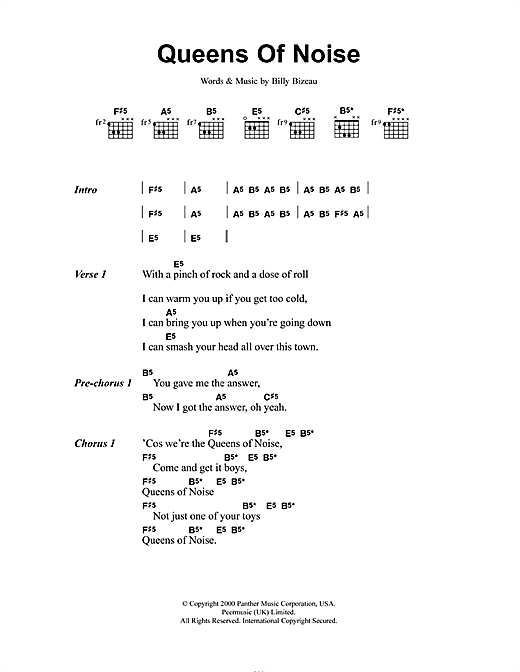 Queens Of Noise (Guitar Chords/Lyrics) von The Runaways