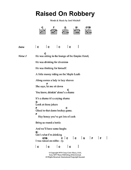 Raised On Robbery (Guitar Chords/Lyrics) von Joni Mitchell