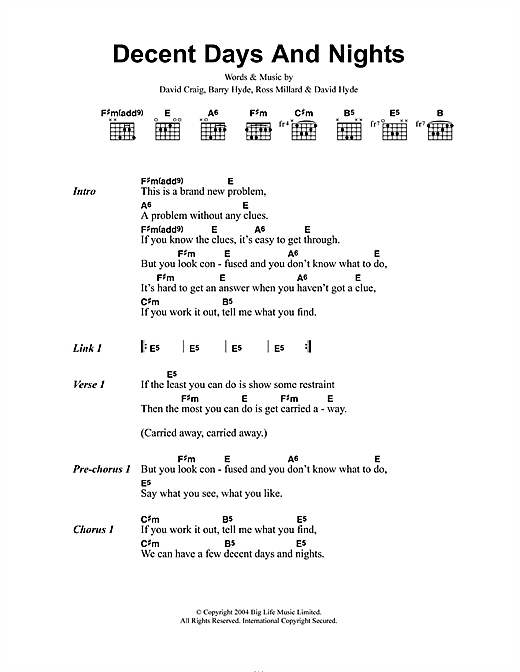 Decent Days And Nights (Guitar Chords/Lyrics) von The Futureheads