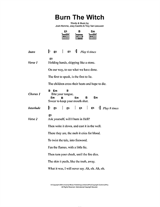 Burn The Witch (Guitar Chords/Lyrics) von Queens Of The Stone Age