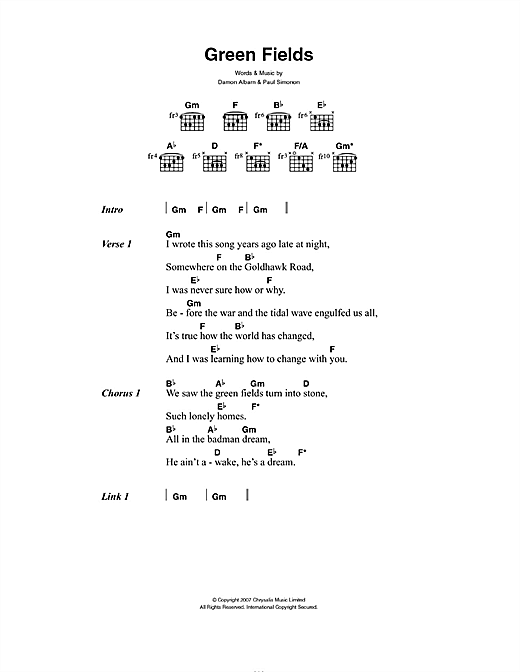 Green Fields (Guitar Chords/Lyrics) von The Good, the Bad & the Queen