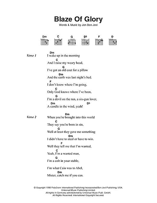 Blaze Of Glory (Guitar Chords/Lyrics) von Bon Jovi