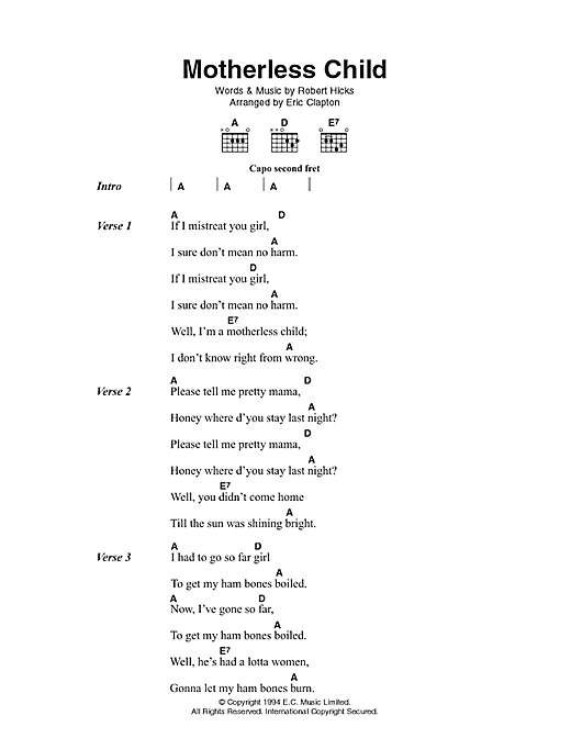 Motherless Child (Guitar Chords/Lyrics) von Eric Clapton