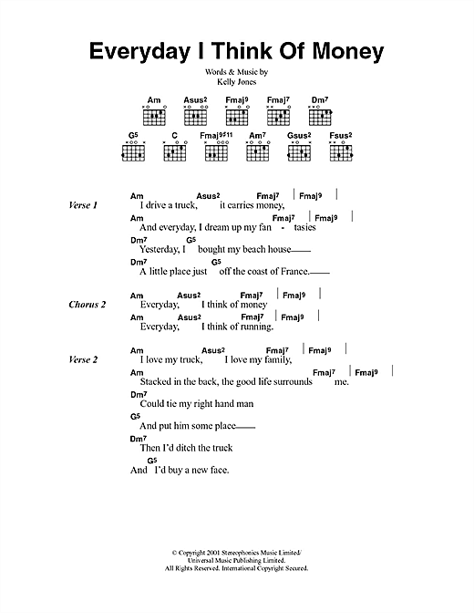 Everyday I Think Of Money (Guitar Chords/Lyrics) von Stereophonics