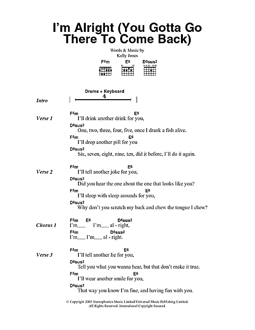 I'm Alright (You Gotta Go There To Come Back) (Guitar Chords/Lyrics) von Stereophonics