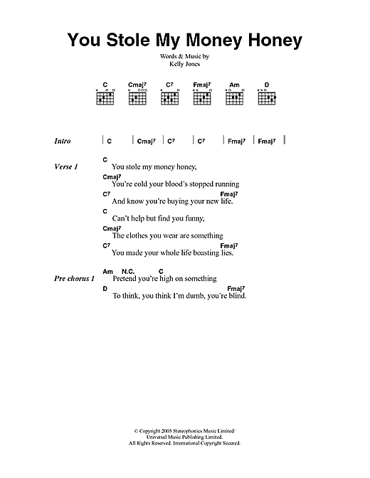 You Stole My Money Honey (Guitar Chords/Lyrics) von Stereophonics