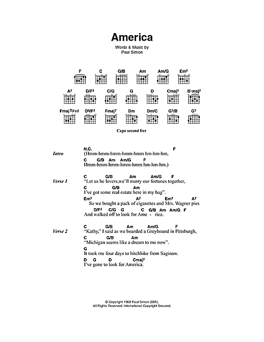 America (Guitar Chords/Lyrics) von Simon & Garfunkel