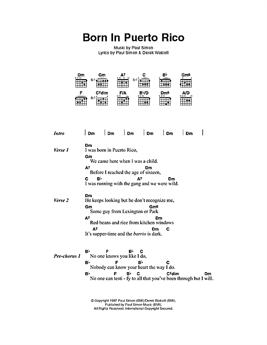 Born In Puerto Rico (Guitar Chords/Lyrics) von Paul Simon