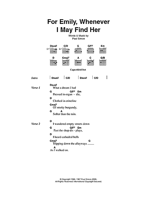 For Emily, Whenever I May Find Her (Guitar Chords/Lyrics) von Simon & Garfunkel