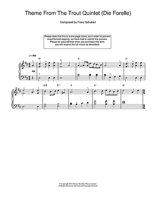 Theme From The Trout Quintet (Die Forelle) (Beginner Piano) von Franz Schubert