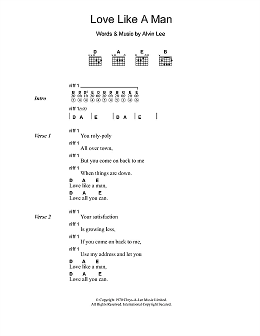 Love Like A Man (Guitar Chords/Lyrics) von Ten Years After