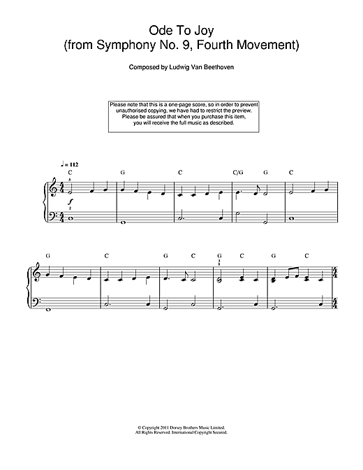 Ode To Joy from Symphony No. 9, Fourth Movement (Beginner Piano) von Ludwig van Beethoven