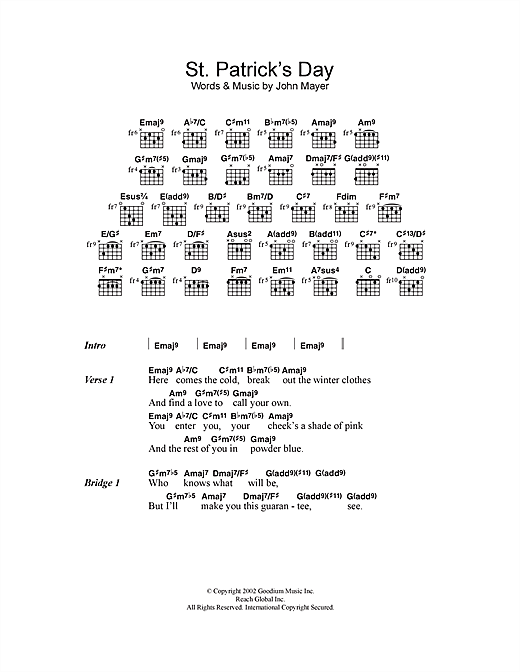 St. Patrick's Day (Guitar Chords/Lyrics) von John Mayer