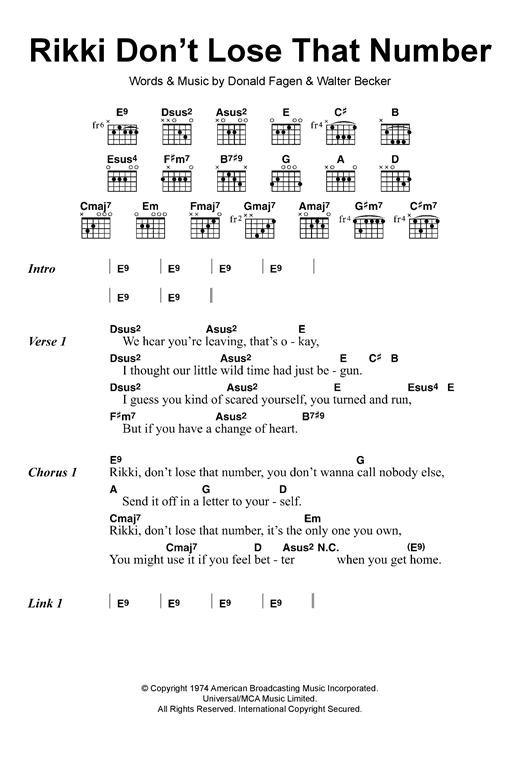 Rikki Don't Lose That Number (Guitar Chords/Lyrics) von Steely Dan