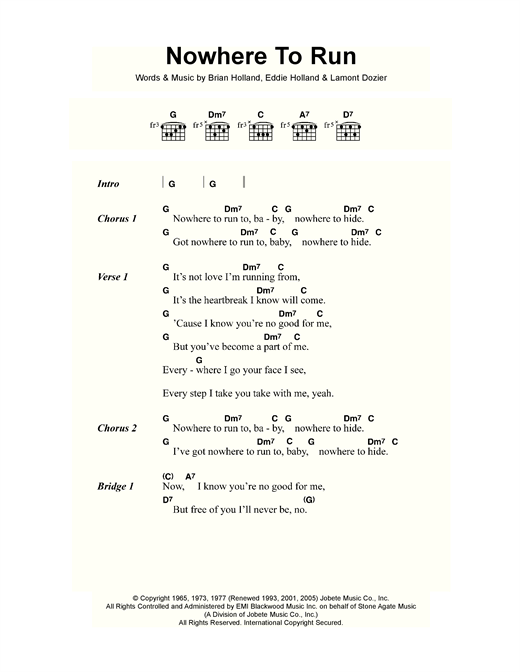 Nowhere To Run (Guitar Chords/Lyrics) von Martha & The Vandellas