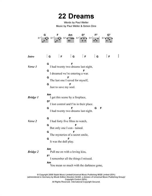 22 Dreams (Guitar Chords/Lyrics) von Paul Weller