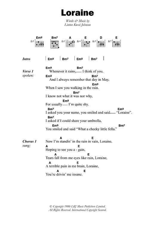 Loraine (Guitar Chords/Lyrics) von Linton Kwesi Johnson