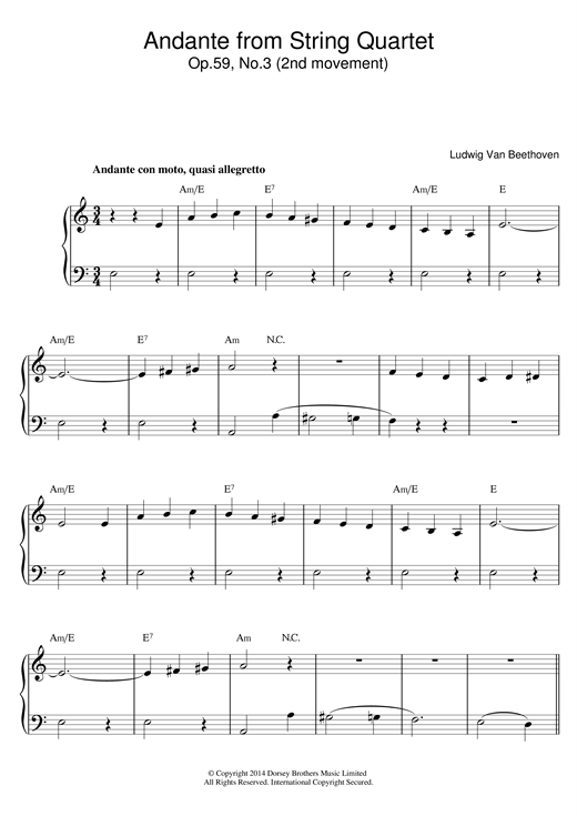Andante from String Quartet Op.59, No.3 (Beginner Piano) von Ludwig van Beethoven