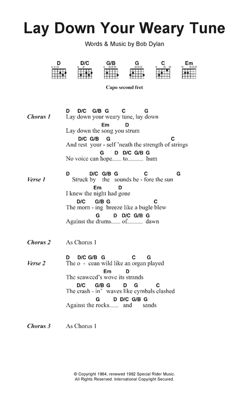 Lay Down Your Weary Tune (Guitar Chords/Lyrics) von Bob Dylan