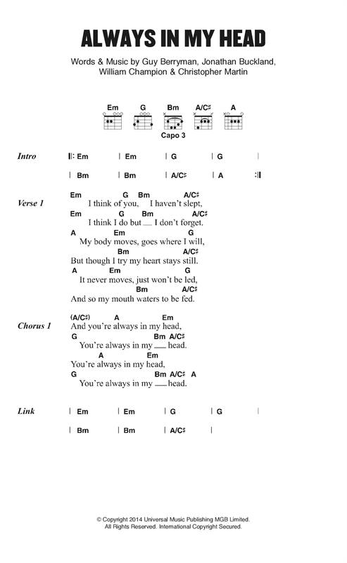 Always In My Head (Guitar Chords/Lyrics) von Coldplay