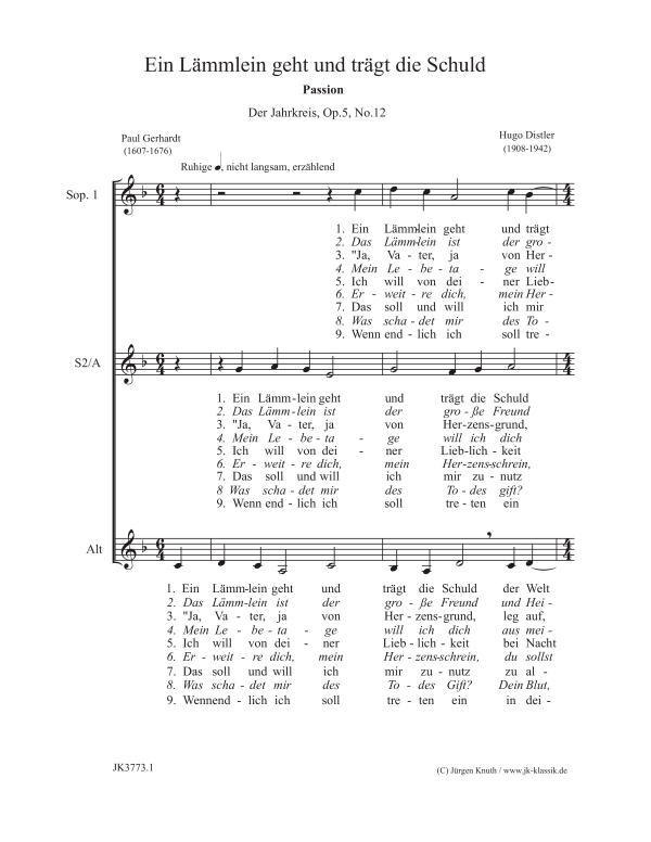 Ein Lämmlein geht und trägt die Schuld (Der Jahrkreis Op.5, No.12)