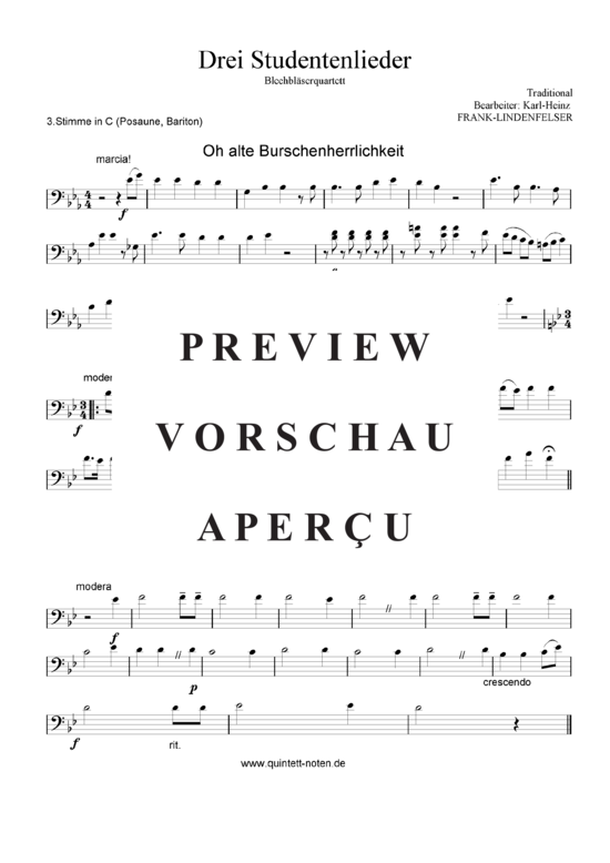 gallery: Drei Studentenlieder - Oh alte Burschenherrlichkeit - Die Gedanken sind frei - Gaudeamus igitur , , (Blechbläser Quartett flexible Besetzung)