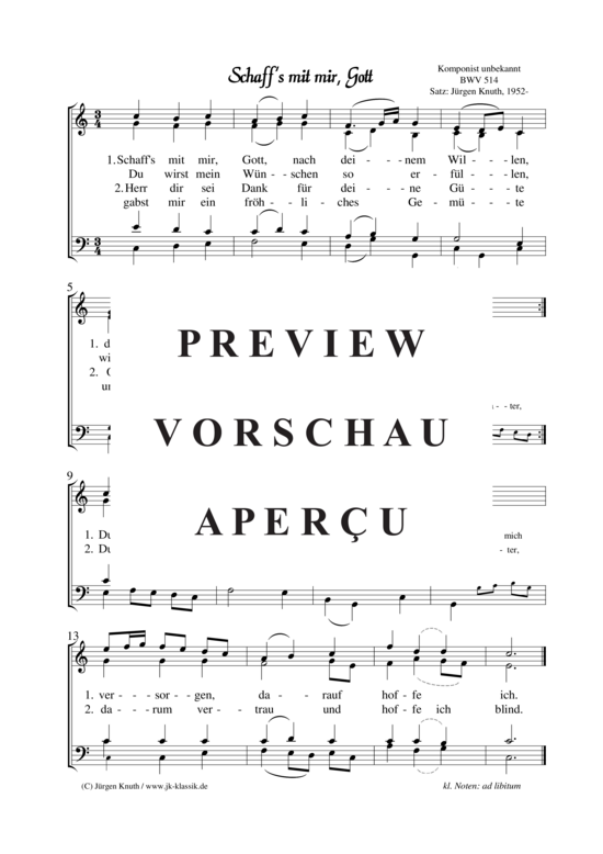 gallery: Schaff´s mit mir, Gott BWV514 aus dem Notenbuch Anna M. Bach , , (Gemischter Chor)