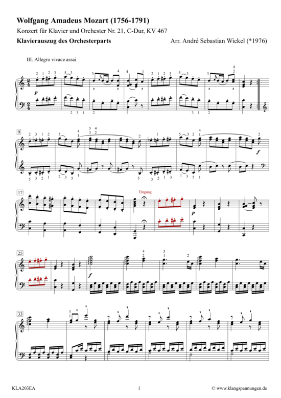 Klavierkonzert Nr. 21 C-Dur KV 467, Klavierauszug des Orchesterparts, Satz 3 