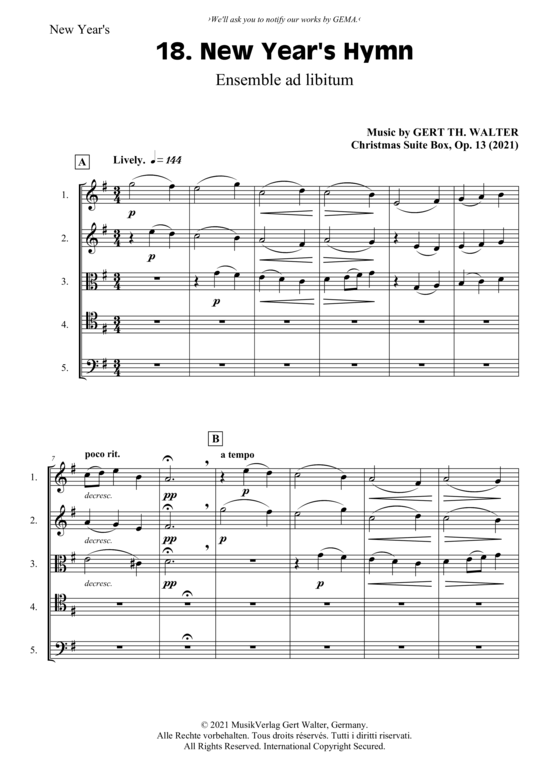 gallery: New Year´s Hymn (Flexibles Quintett) , ,  (Stimmen in C, B, G, F, Es)