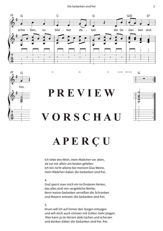 gallery: Die Gedanken sind frei , , (Gesang + Gitarre, TAB)
