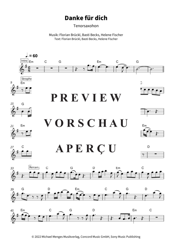 gallery: Danke für dich - Tenorsaxohon (Tenor Saxophon in B) , Fischer, Helene,  (Leadsheet)