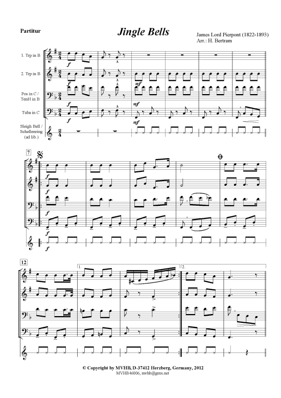 Jingle Bells (Blechbläserquartett 2 Trp (B) 