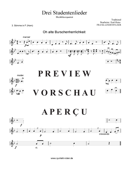 gallery: Drei Studentenlieder - Oh alte Burschenherrlichkeit - Die Gedanken sind frei - Gaudeamus igitur , , (Blechbläser Quartett flexible Besetzung)