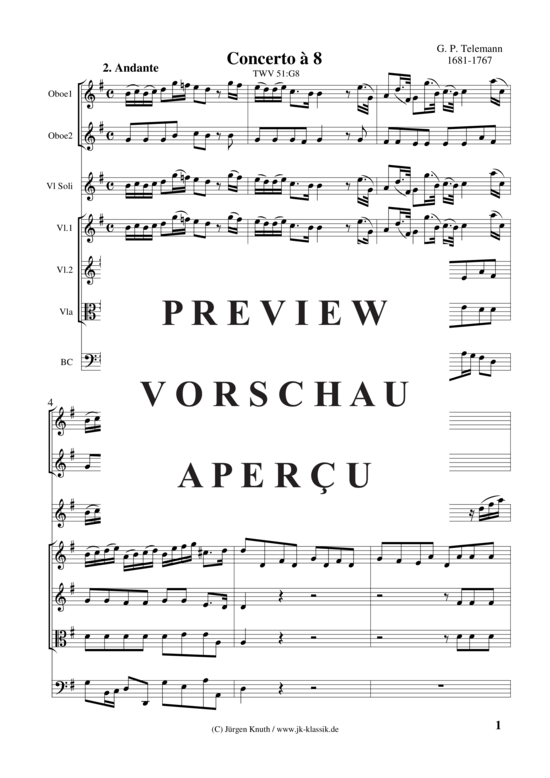 gallery: Violinkonzert à 8 TWV 51:G8 Satz:2 Andante , , (Gemischtes Ensemble 2x Ob. 3x Vl. Vla + BC)