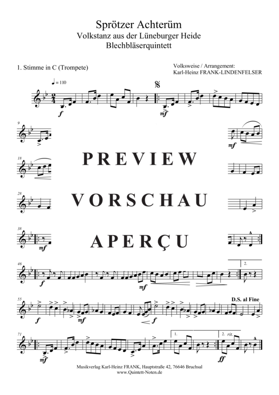 gallery: Sprötzer Achterrüm , , (Blechbläserquintett + Schlagzeug, in B/C, 3.St. in B/C/Es/F)