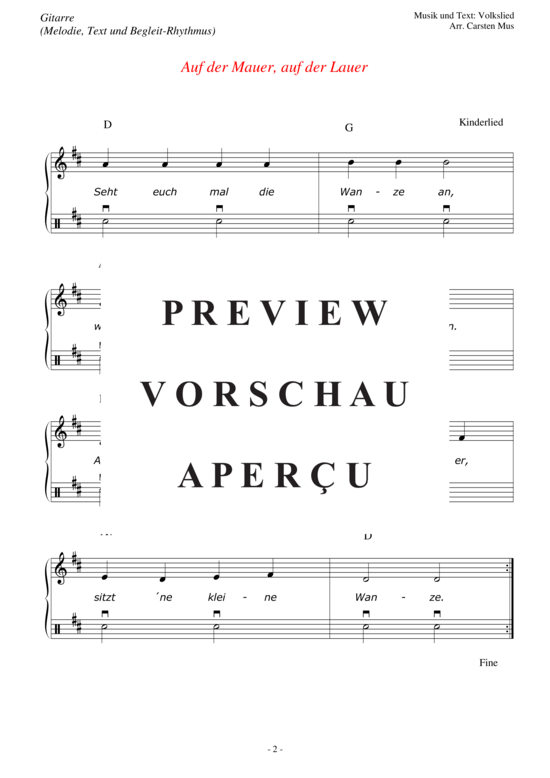 gallery: Auf der Mauer, auf der Lauer , , (Melodie, Text + Begleit-Rhythmus - nur Abschlag - einfach)