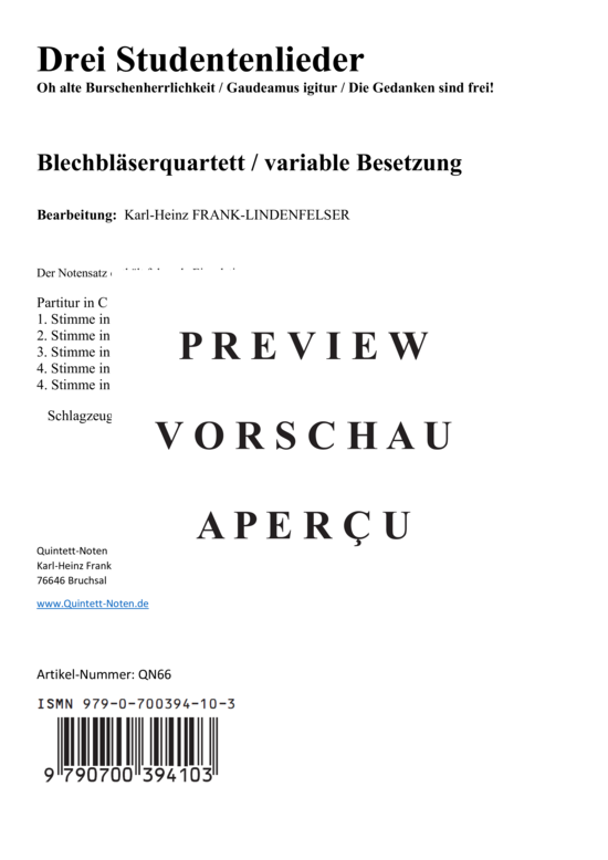 gallery: Drei Studentenlieder - Oh alte Burschenherrlichkeit - Die Gedanken sind frei - Gaudeamus igitur , , (Blechbläser Quartett flexible Besetzung)
